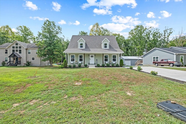 new england style home featuring an outbuilding, a garage, a front lawn, and covered porch