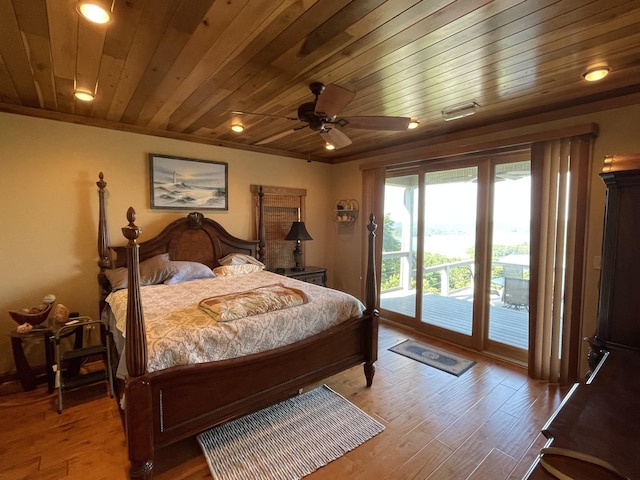 bedroom featuring access to exterior, wood ceiling, wood-type flooring, and ceiling fan