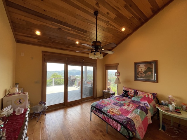 bedroom with wood ceiling, wood-type flooring, vaulted ceiling, ceiling fan, and access to exterior