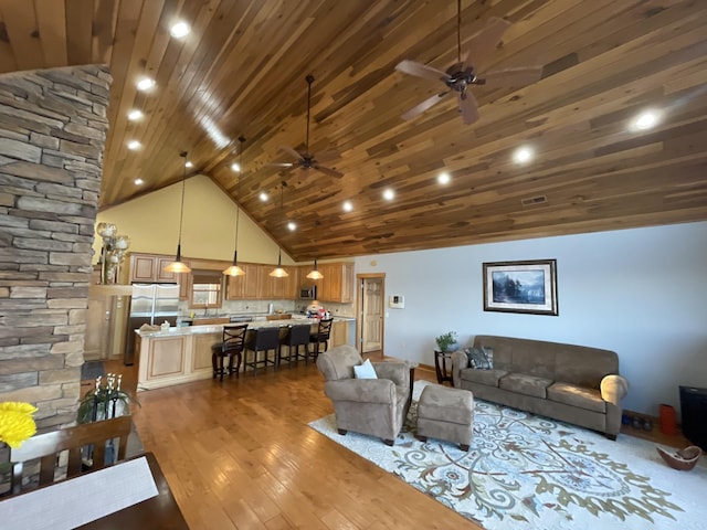 living room featuring visible vents, wooden ceiling, high vaulted ceiling, a ceiling fan, and wood-type flooring