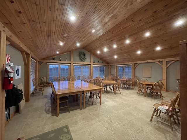 dining space with vaulted ceiling, recessed lighting, and wood ceiling