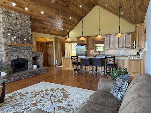 61 Brim Ln, Hilham, TN 38568 - living room featuring wooden ceiling, high vaulted ceiling, and dark wood-style floors
