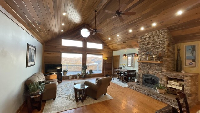 61 Brim Ln, Hilham, TN 38568 - living area with a ceiling fan, wood ceiling, recessed lighting, high vaulted ceiling, and hardwood / wood-style floors