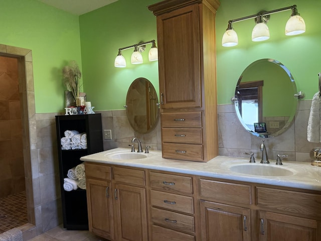 61 Brim Ln, Hilham, TN 38568 - bathroom featuring a sink, tile walls, double vanity, and a tile shower