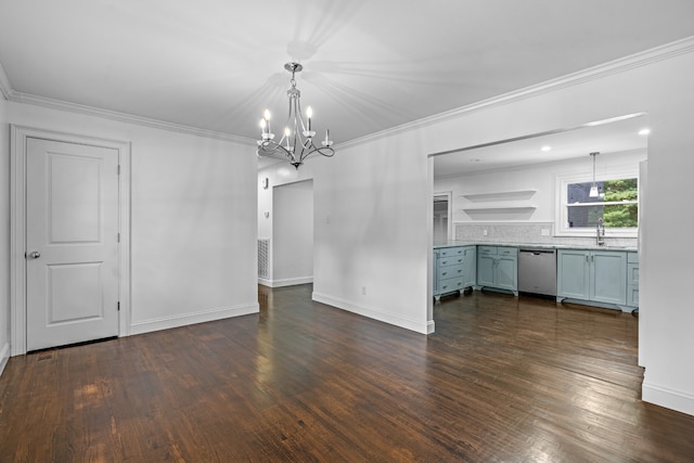 unfurnished dining area featuring ornamental molding, an inviting chandelier, and dark hardwood / wood-style flooring