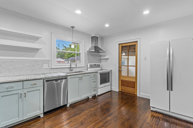 kitchen with sink, white electric range, fridge, stainless steel dishwasher, and wall chimney exhaust hood