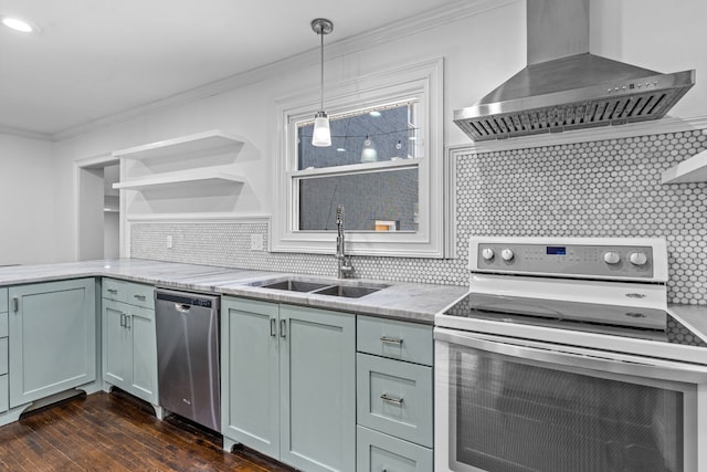 kitchen featuring sink, tasteful backsplash, electric range oven, stainless steel dishwasher, and range hood