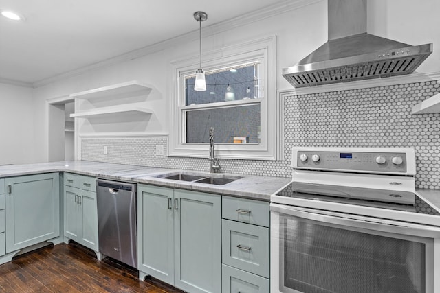 kitchen with white electric range, stainless steel dishwasher, ornamental molding, a sink, and extractor fan