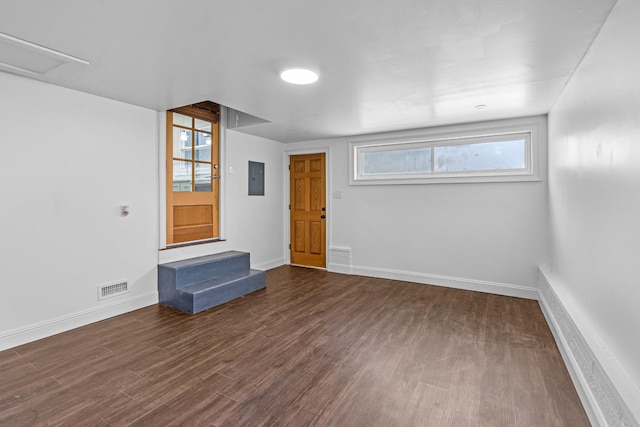 empty room with baseboards, dark wood-type flooring, visible vents, and electric panel