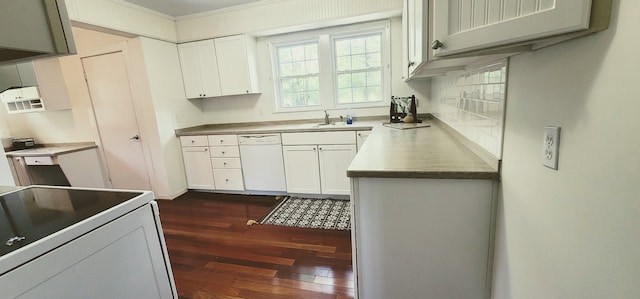 kitchen with backsplash, white appliances, dark hardwood / wood-style floors, white cabinetry, and crown molding