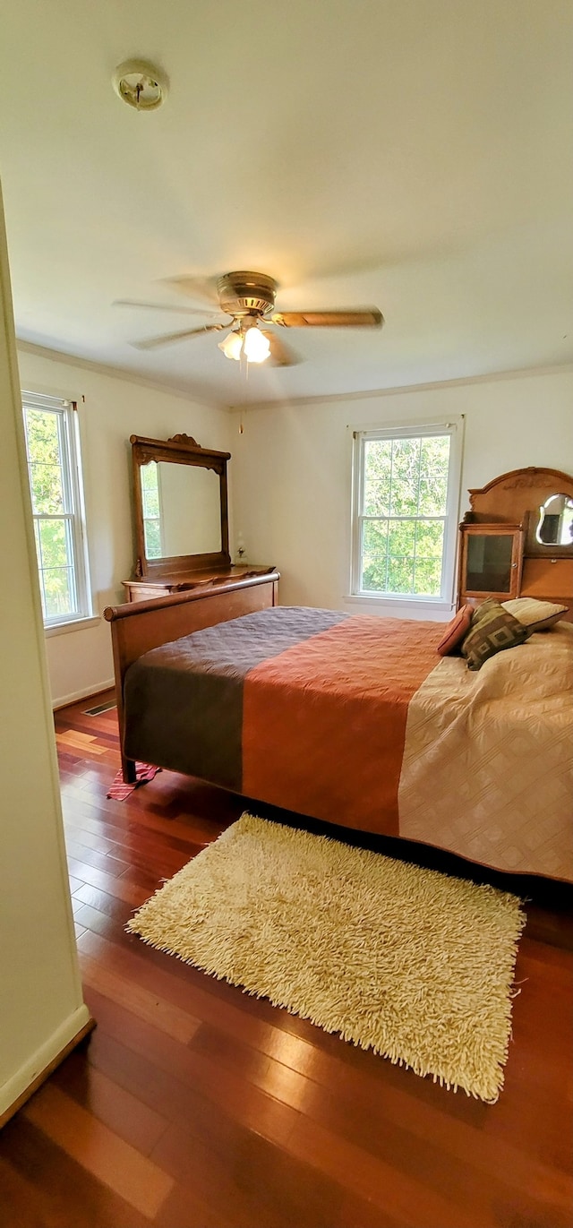 bedroom with ceiling fan, hardwood / wood-style flooring, and multiple windows