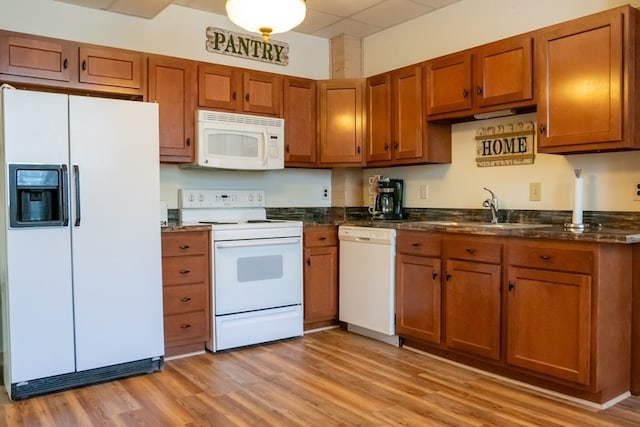 kitchen with sink, light hardwood / wood-style flooring, and white appliances