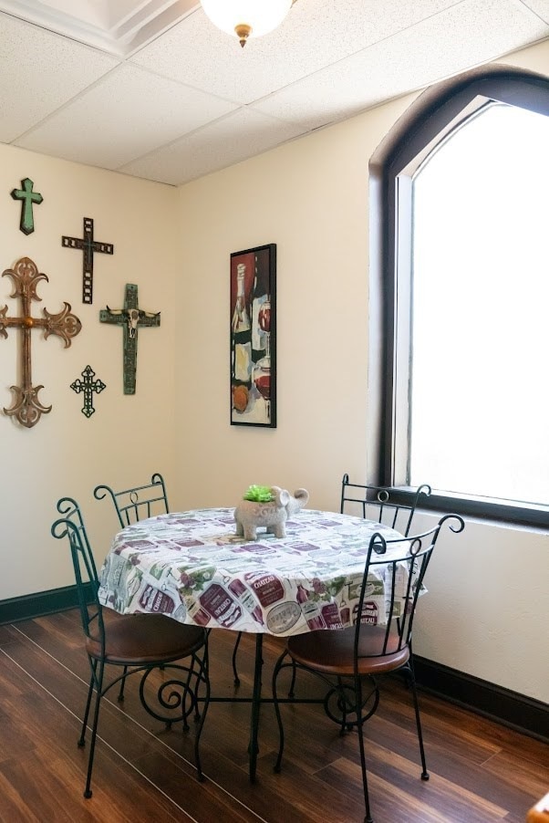 dining space with a wealth of natural light, wood-type flooring, and a paneled ceiling