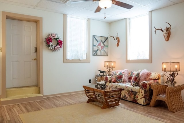 living room with light hardwood / wood-style flooring, ceiling fan, and a drop ceiling