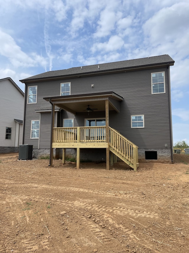 back of house with a wooden deck, central AC, and ceiling fan