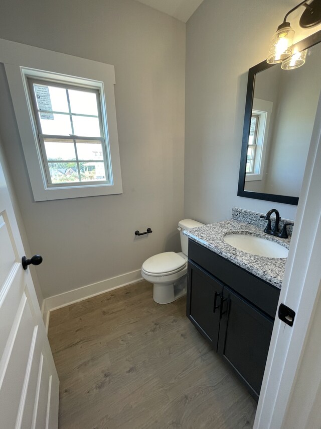 bathroom with vanity, hardwood / wood-style floors, and toilet