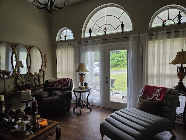 living room with dark hardwood / wood-style floors and french doors