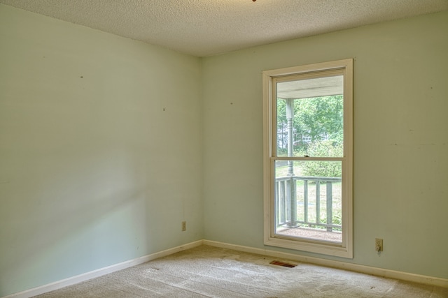 spare room featuring light carpet and a textured ceiling