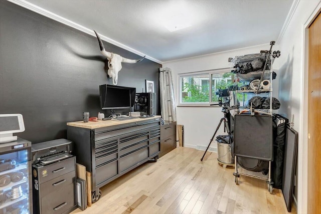 office area featuring light hardwood / wood-style floors and crown molding