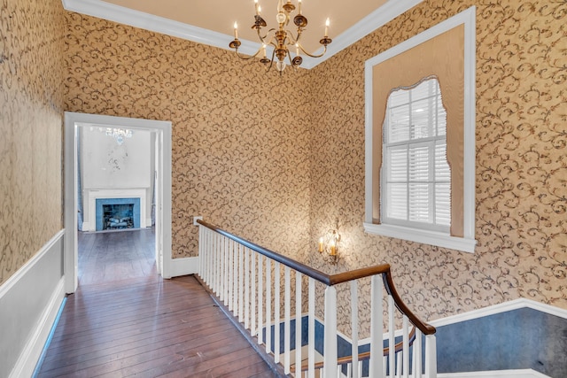 corridor with an inviting chandelier, crown molding, and hardwood / wood-style floors