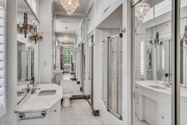 bathroom with a shower with door, tile patterned floors, toilet, a chandelier, and ornamental molding