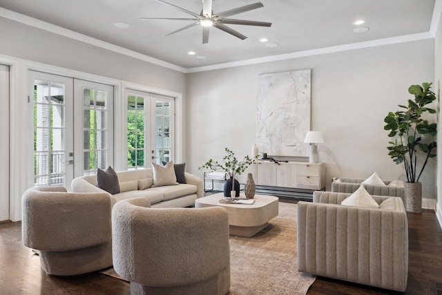 living room with hardwood / wood-style floors, crown molding, french doors, and ceiling fan