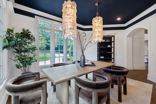 dining area with a tray ceiling, hardwood / wood-style flooring, an inviting chandelier, and plenty of natural light