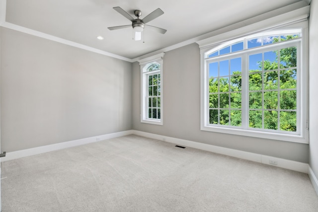 carpeted spare room featuring crown molding, a healthy amount of sunlight, and ceiling fan