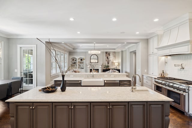 kitchen featuring appliances with stainless steel finishes, premium range hood, a spacious island, white cabinetry, and sink