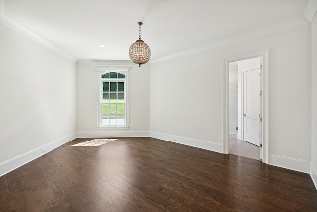 spare room with crown molding and dark wood-type flooring