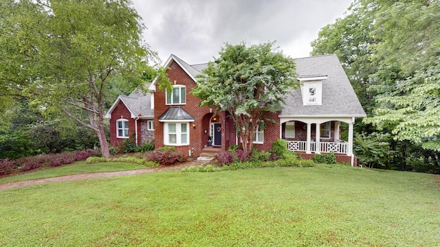 view of front facade with covered porch and a front yard