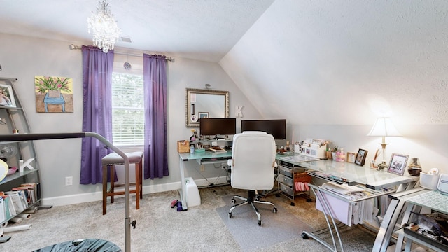 carpeted office space with vaulted ceiling, a textured ceiling, and a notable chandelier