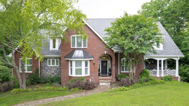 tudor-style house featuring a front yard