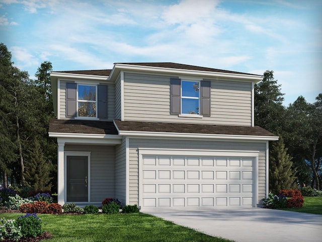 view of front of home featuring a garage and a front lawn