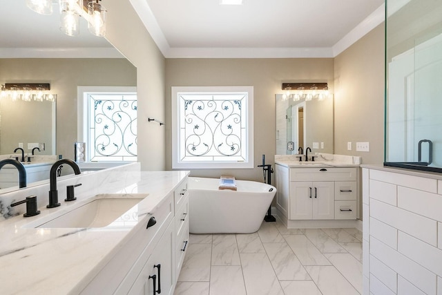 bathroom with independent shower and bath, vanity, and ornamental molding