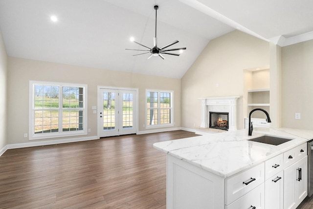 kitchen with sink, white cabinetry, dark hardwood / wood-style floors, a high end fireplace, and light stone countertops