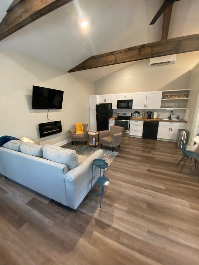 living room with sink, high vaulted ceiling, beam ceiling, and dark hardwood / wood-style floors