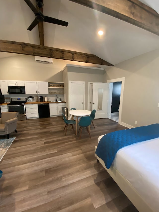 bedroom featuring beamed ceiling, high vaulted ceiling, and hardwood / wood-style floors