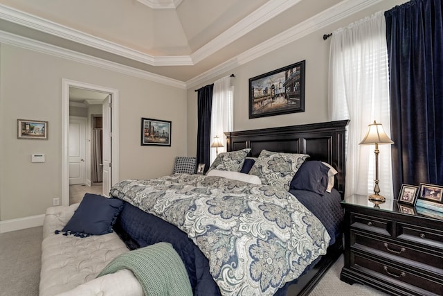 carpeted bedroom with multiple windows and crown molding