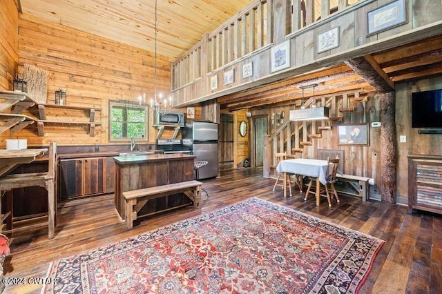 interior space with wooden walls, dark hardwood / wood-style floors, sink, and wooden ceiling