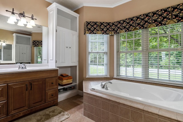 bathroom featuring crown molding, vanity, a relaxing tiled tub, and tile patterned flooring