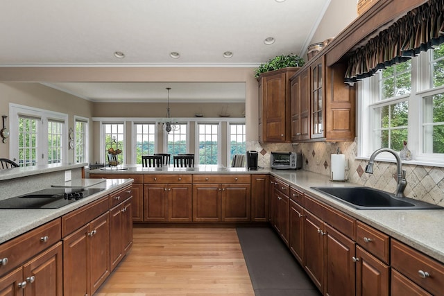 kitchen featuring pendant lighting, sink, light hardwood / wood-style flooring, tasteful backsplash, and black electric stovetop