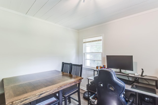 office area featuring crown molding and wood-type flooring