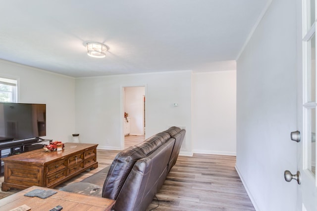 living room featuring light hardwood / wood-style flooring and ornamental molding