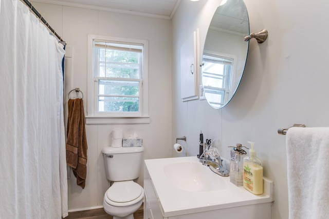 bathroom with toilet, vanity, and ornamental molding