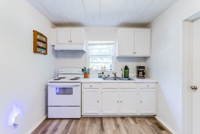 kitchen featuring white cabinets, light wood-type flooring, sink, and white electric range oven