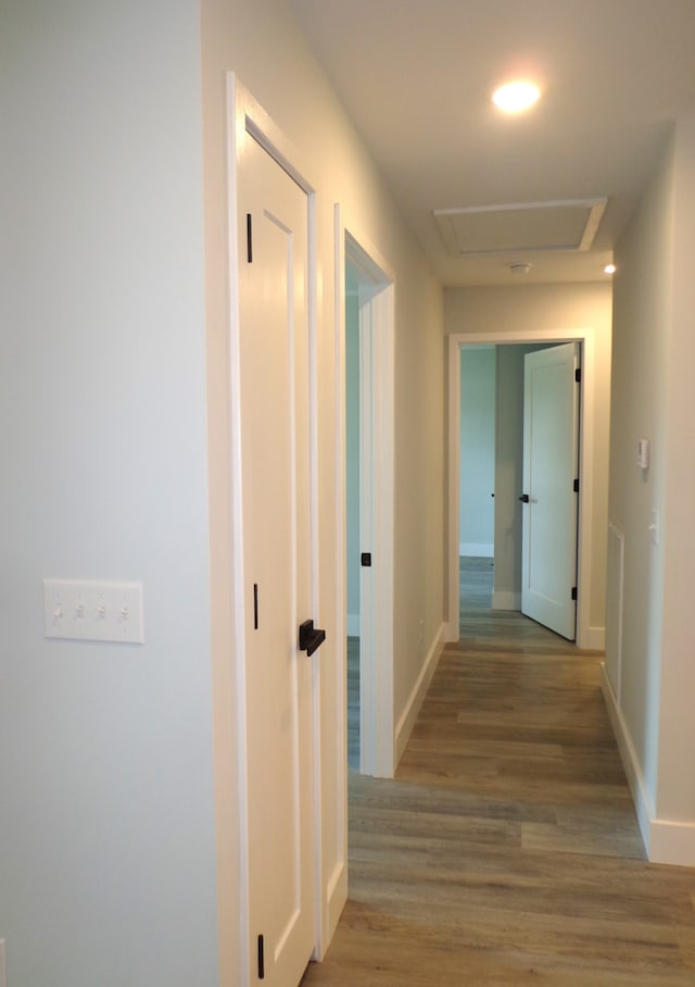 corridor with wood-type flooring