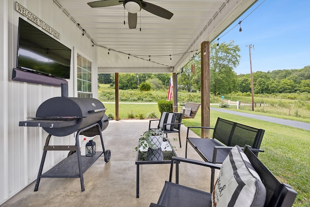 view of patio / terrace featuring area for grilling, an outdoor hangout area, and ceiling fan