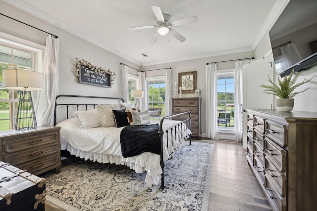 bedroom featuring crown molding, ceiling fan, access to exterior, and multiple windows