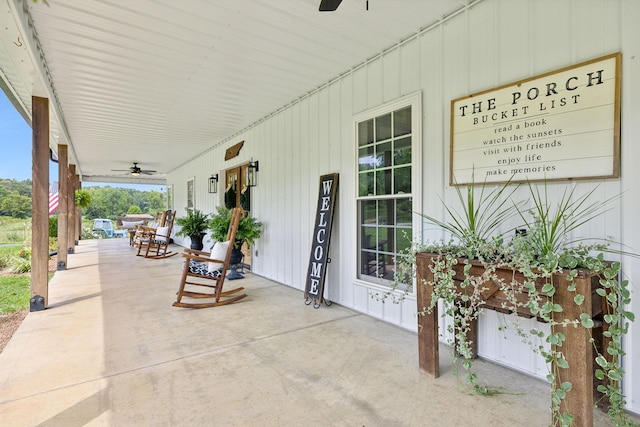 view of patio / terrace featuring ceiling fan and a porch